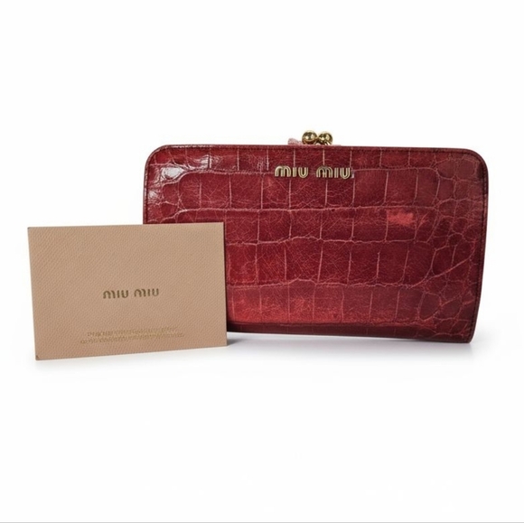 Miu Miu Handbags - Miu Miu Kisslock Crocodile Embossed Leather Clutch Phone Wallet In Peony Pink